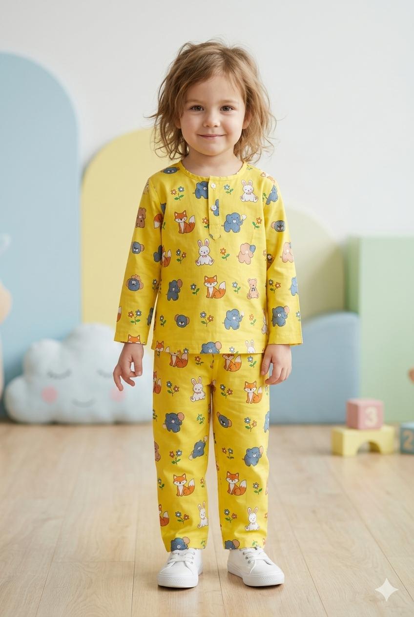 Yellow Animal Print Cotton Night Suit