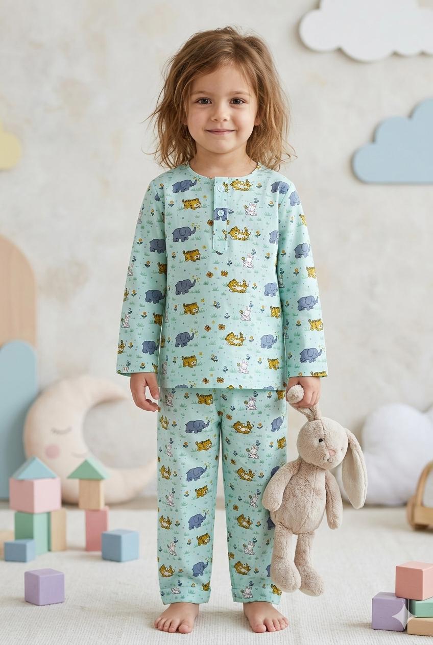 Mint Green Jungle Friends Cotton Night Suit
