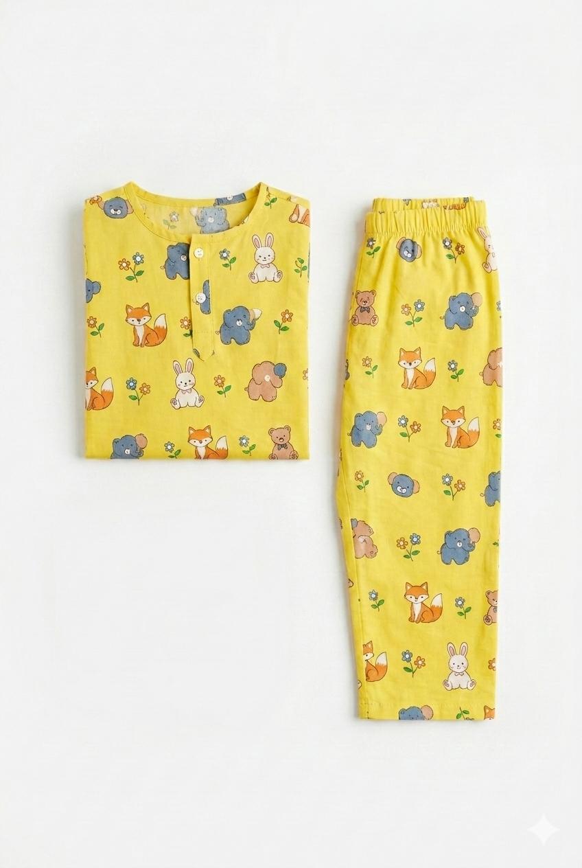 Yellow Animal Print Cotton Night Suit