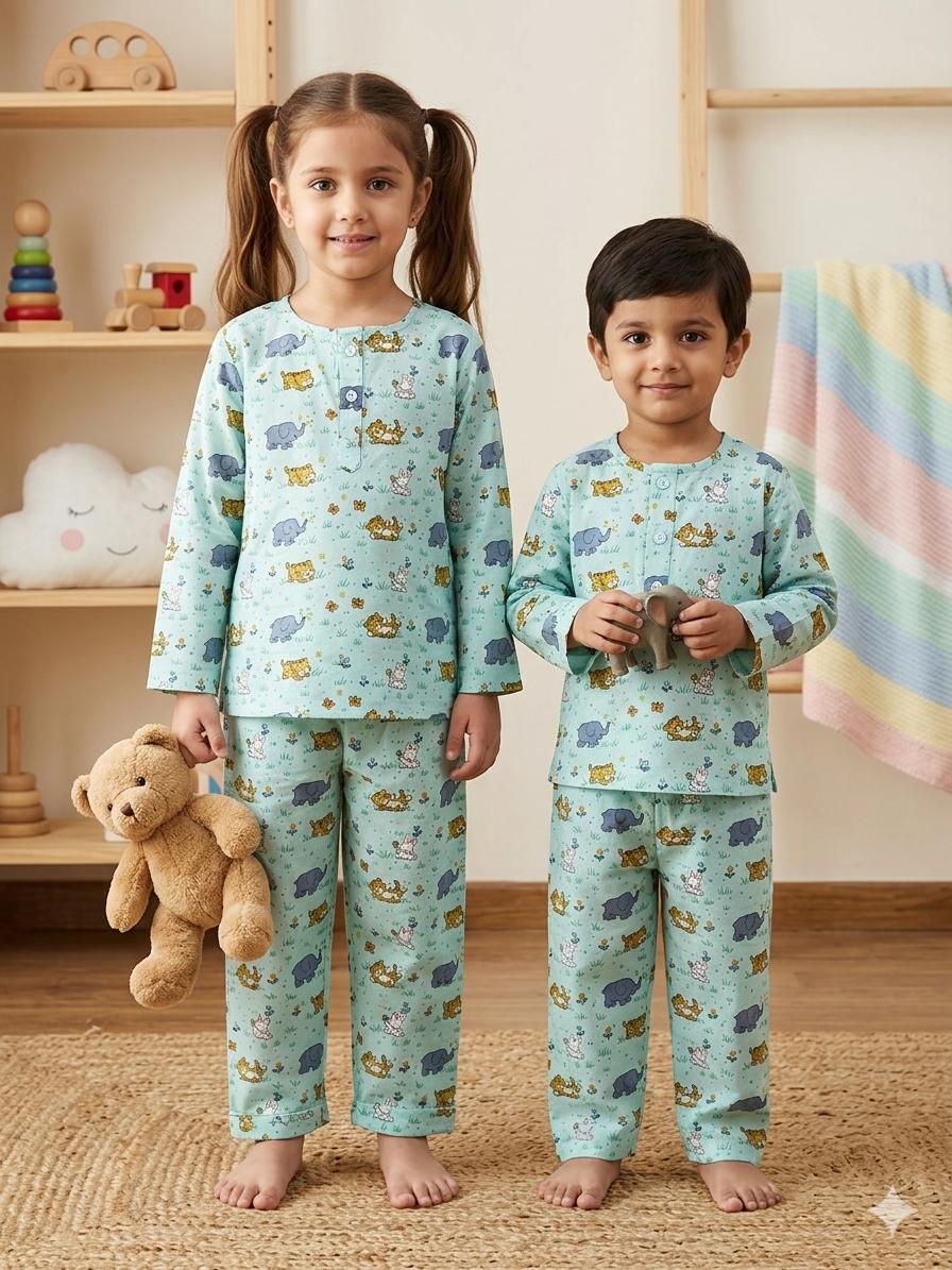 Mint Green Jungle Friends Cotton Night Suit