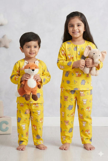 Yellow Animal Print Cotton Night Suit