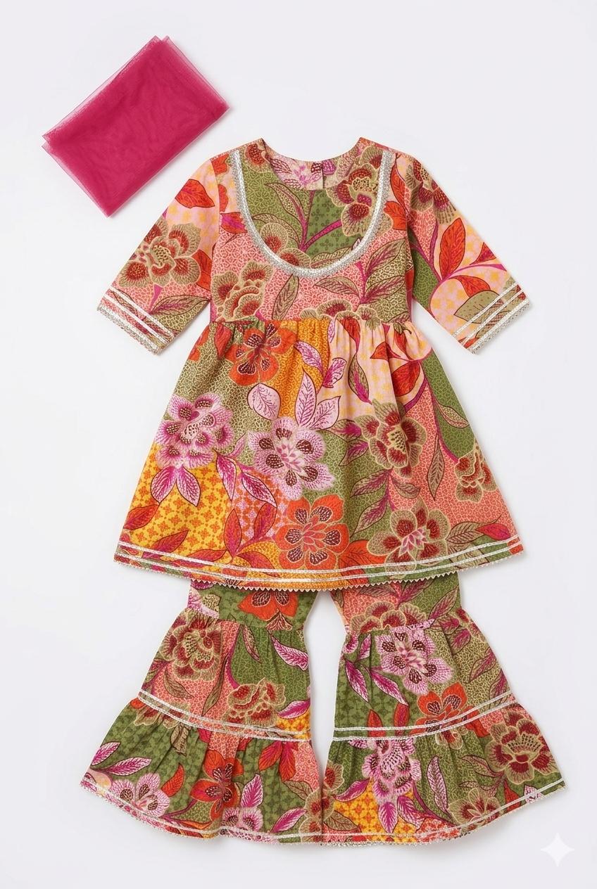 Green Floral Sharara Set with Dupatta