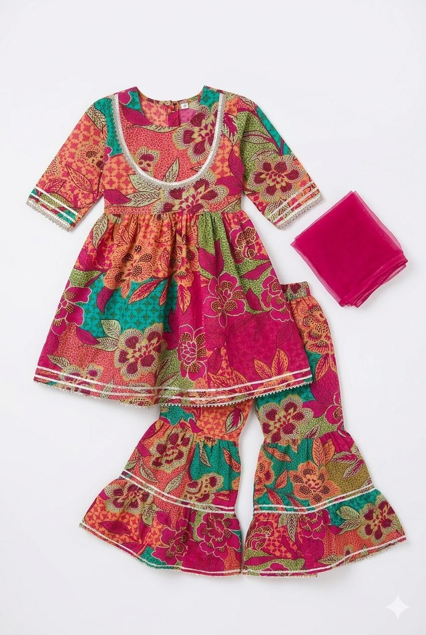 Pink Floral Sharara Set with Dupatta