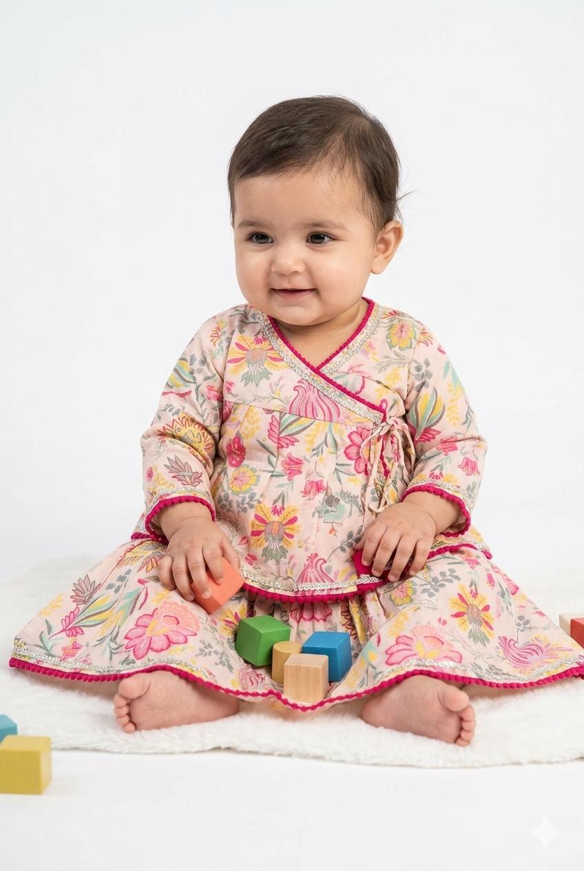 Floral Pink Angrakha Choli with Lehanga