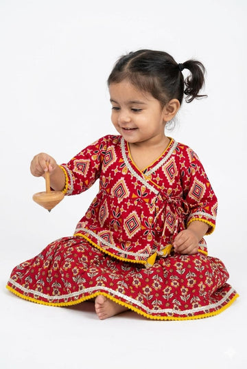 Mehroon Printed Angrakha Choli with Lehenga