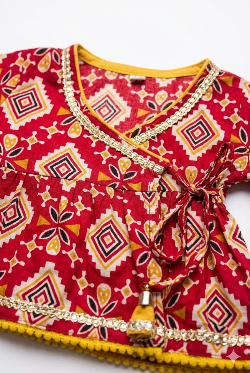 Red Printed Angrakha Choli with Lehanga