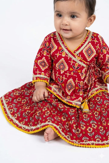Red Printed Angrakha Choli with Lehanga