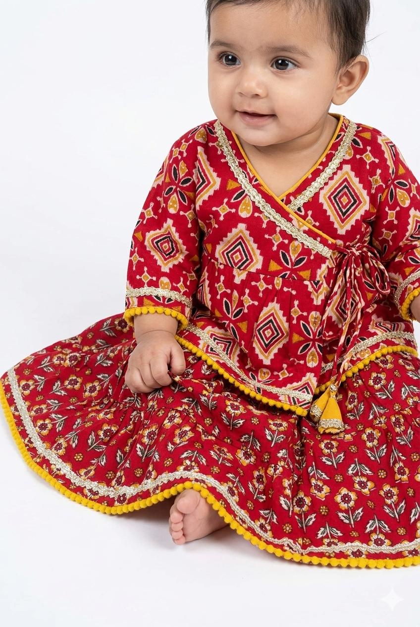 Red Printed Angrakha Choli with Lehanga