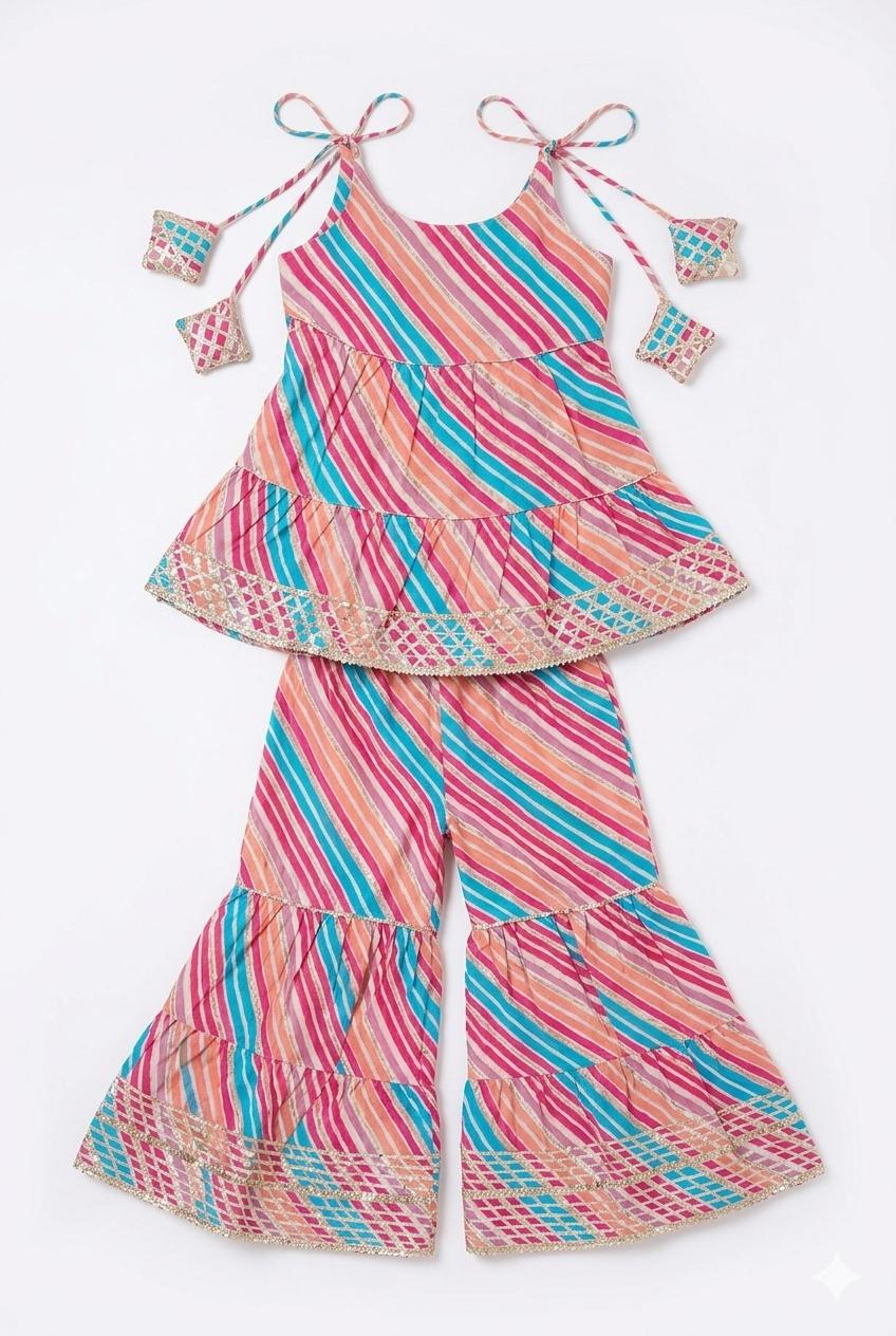 Multicolor Leheriya Peplum Top with Sharara Pants
