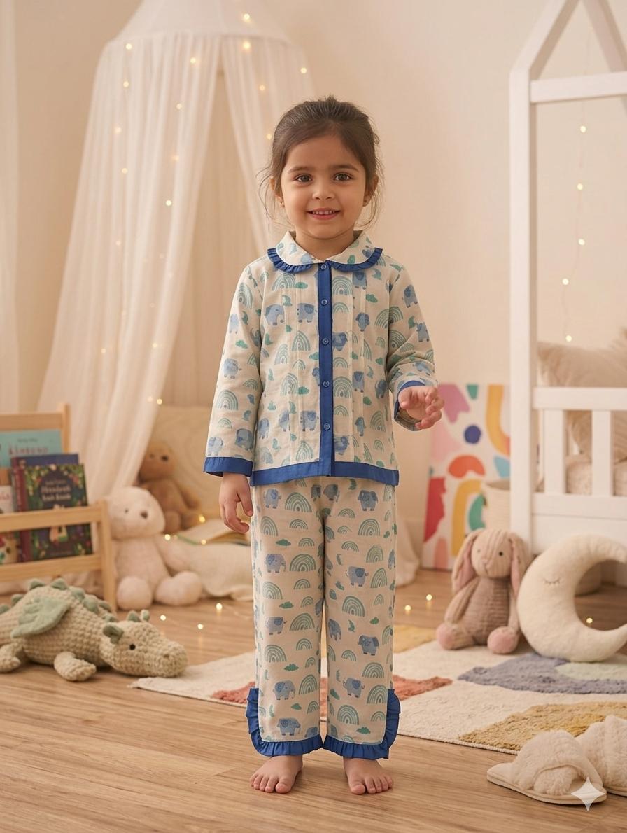 Blue Elephant Print Cotton Night Suit