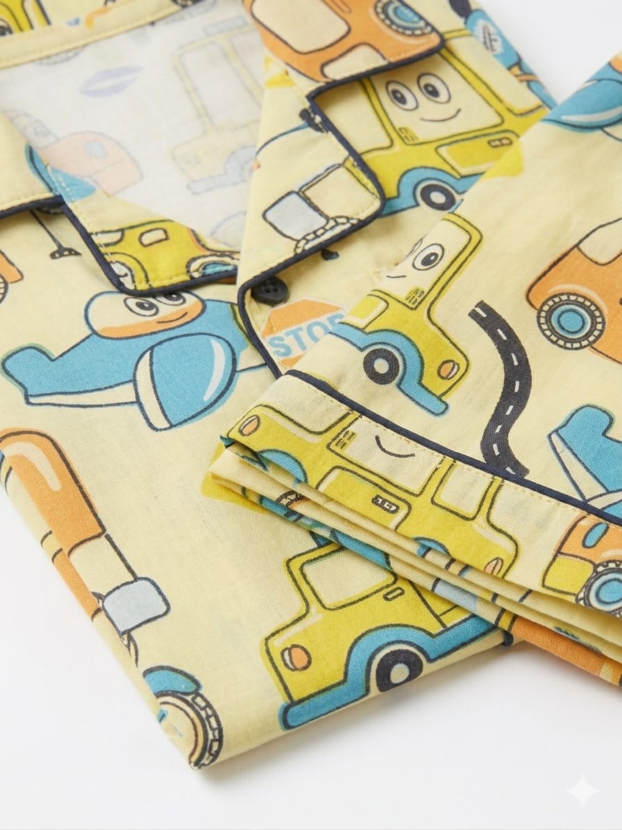 Yellow Vehicle Print Night Suit