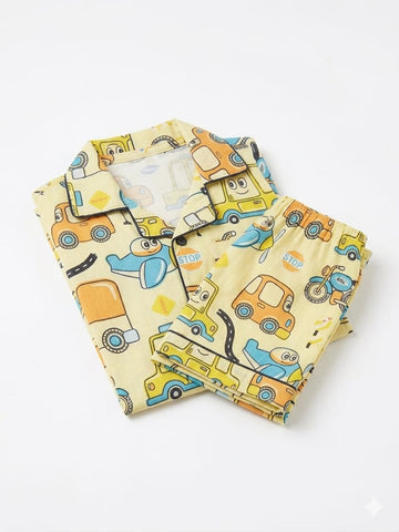 Yellow Vehicle Print Night Suit