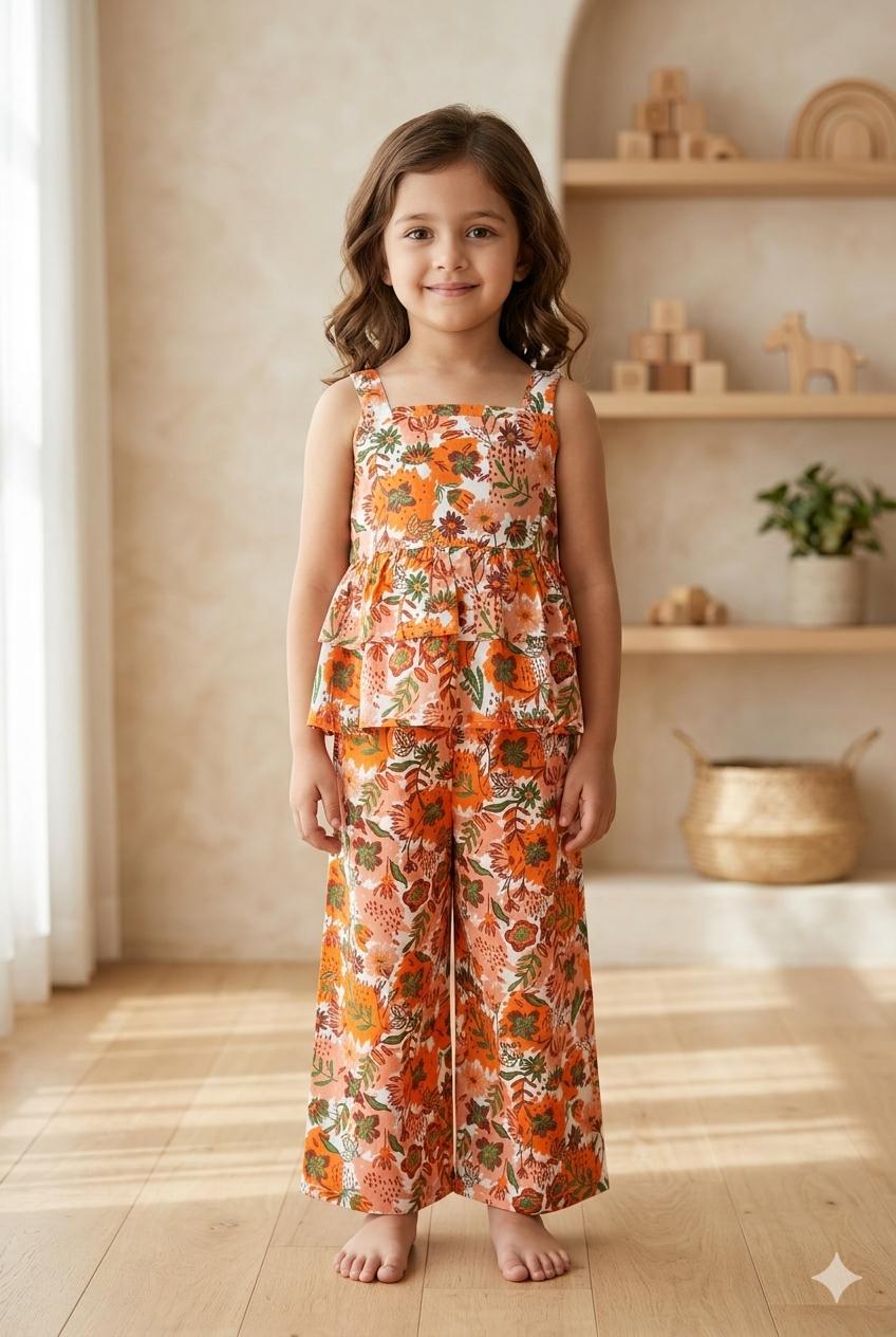 Orange Floral Peplum Co-ord Set
