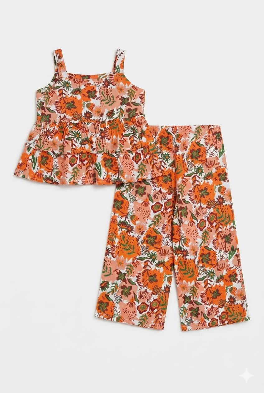 Orange Floral Peplum Co-ord Set