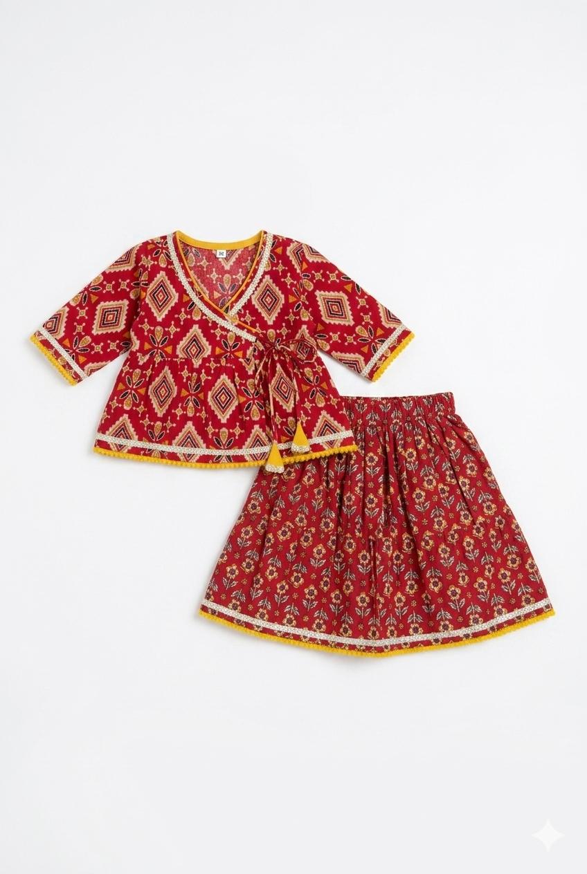 Red Printed Angrakha Choli with Lehanga