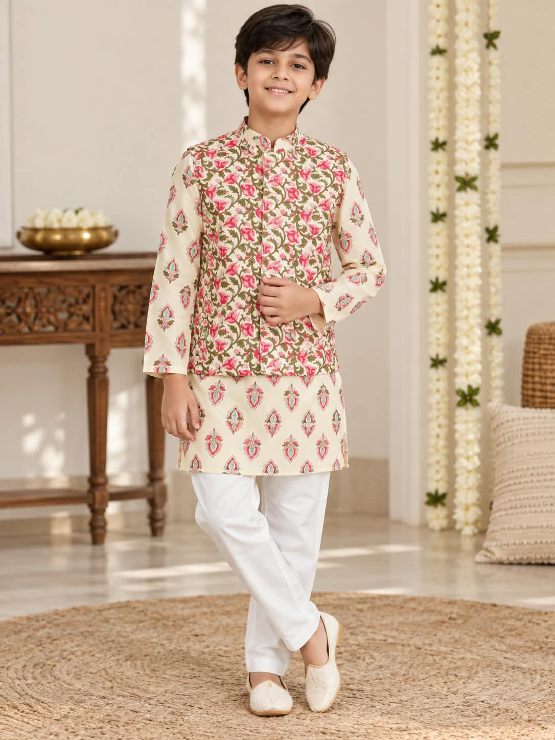 Floral Nehru Jacket Kurta Pajama Set