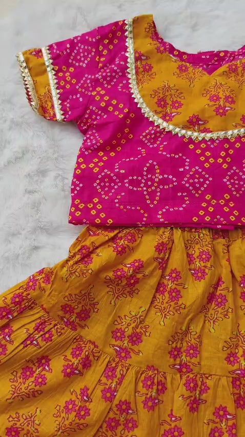 Yellow & Pink Pure Cotton Lehenga Choli with Dupatta Set