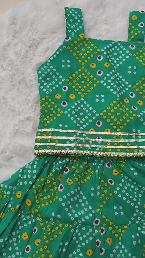 Green Bandhani Print Lehenga Choli | Cotton Festive Ethnic Wear Set for Infants & Toddlers